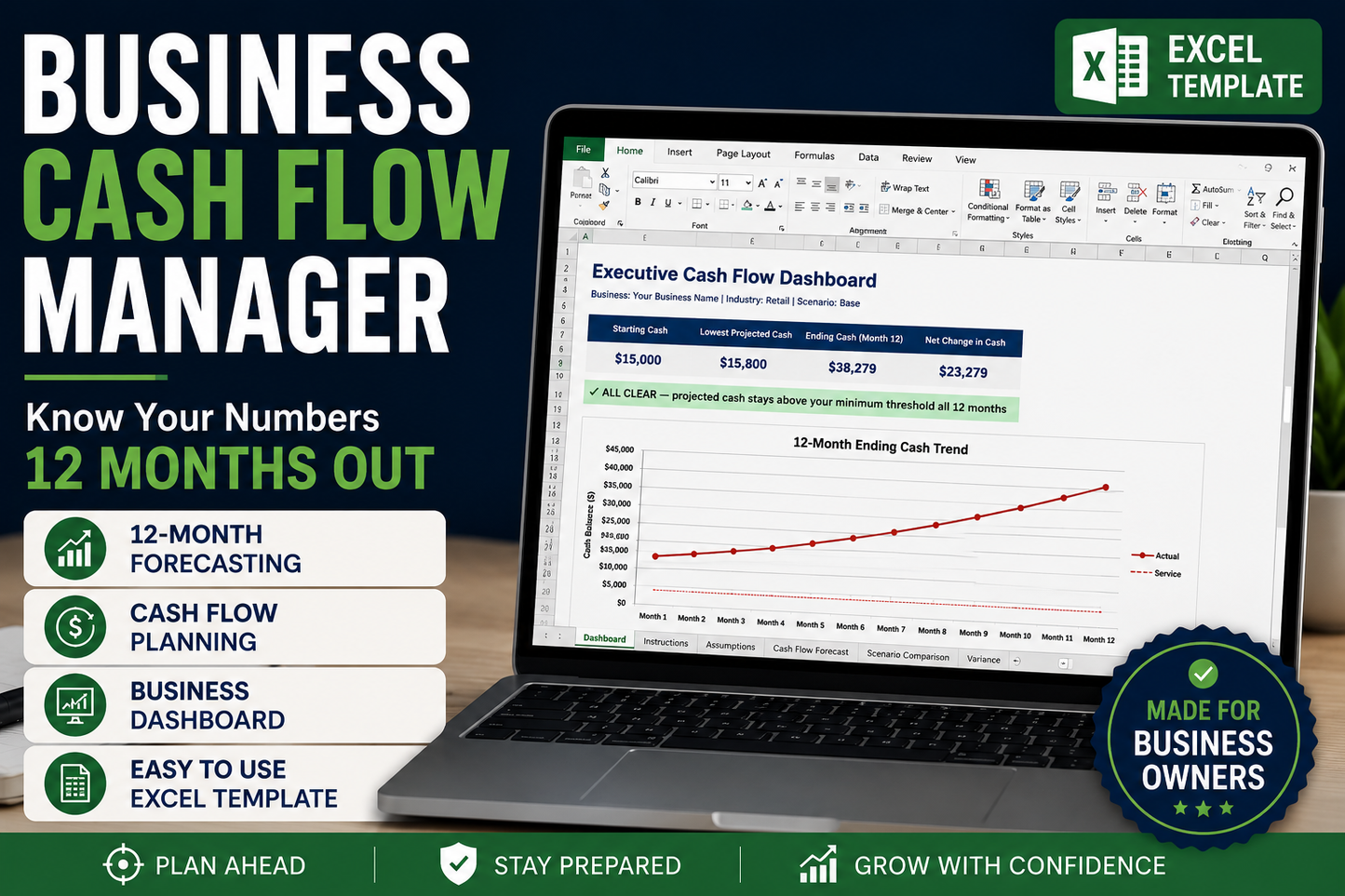 Business Cash Flow Manager — 12-Month Excel Forecast & Scenario Planner